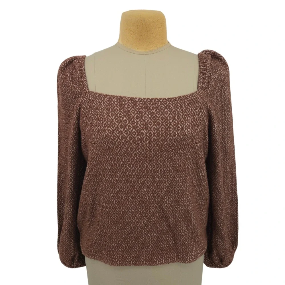 Madewell Womens Large Brown‎ Square Neck Puff Sleeve Knit Top Boho Casual Chic